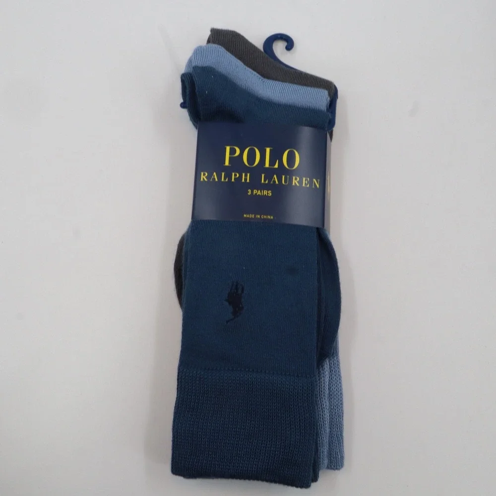 Polo Ralph Lauren Crew Socks Mens 10-13 Blue Grey 3‎ Pack Embroidered Pony Logo